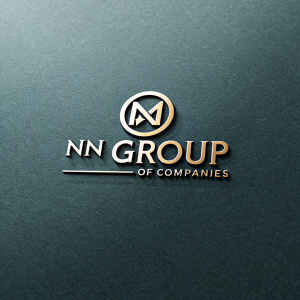 Modern logo for NN Group of Companies. Sleek design featuring metallic 'M' at top, 'NM GROUP OF COMPANIES' in professional font. Dark, textured background.