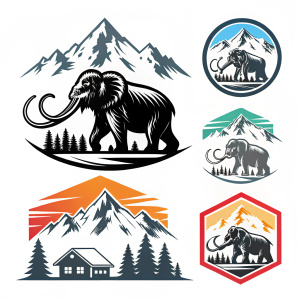 Stylized mammoth logo designs. Black and white with vibrant accents. Mammoth Mountain Ski Resort branding.