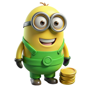 A yellow minion character in green pants, 2D player, idle pose, facing the camera, with coins