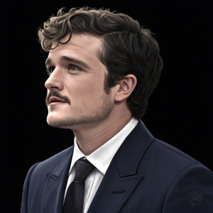 Josh Hutcherson, actor, in a tailored navy suit, mustache, curly hair. Close-up, studio lights. Solid black background.