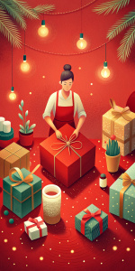 gift making illustration in red bg