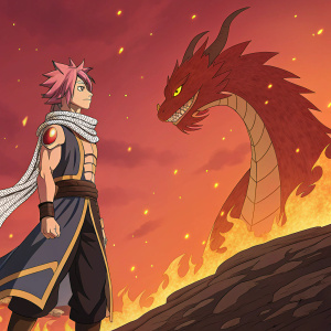 Digital artwork of *Fairy Tail* anime series. Protagonist with pink hair, standing tall against towering fire monster. Fiery red background with burning landscape. Bright colors, capturing emotional intensity.