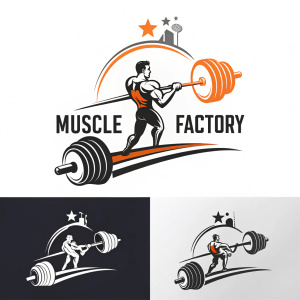 Minimalist logo designs for a gym named Muscle Factory. Logo includes a stylized barbell and the brand name in bold font. The color palette is predominantly black and white with accents of orange.