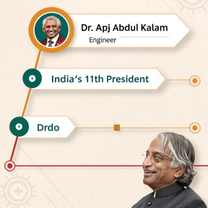 Infographic detailing Dr. APJ Abdul Kalam's journey from engineer to India's 11th President. Includes timeline of key achievements and a portrait.