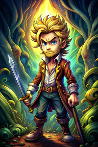 cartoon character of Guybrush Treepewood of the video game Monkey Island, with sword,  full body, comic ,style pop art, style, graffiti style,  black background, ready for print t-shirt, style art fabric