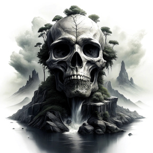 skull island tattoo design - perfect realistic art - high-definition - grey and black - white background 