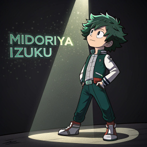 Midoriya Izuku standing in a spotlight. Resolute face, green hair styled. Behind him, black background with glowing text.