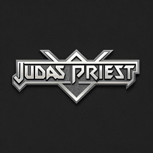 The iconic Judas Priest logo. Aggressive font, silver color palette, angular shapes, metallic design. Dark background