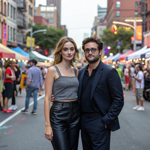 Grace Van Patten and Adam Leon at a bustling urban street festival. Grace in a gray top and black leather pants, Adam in a dark suit with glasses. Crowds of people around them.