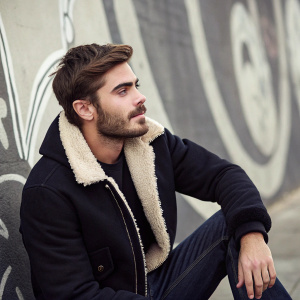 Caucasian actor Zac Efron in a casual setting. Facial hair groomed, black jacket with fur collar. Abstract background. Posed shot