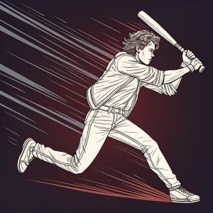 Steve Harrington, character from Stranger Things, mid-action scene with baseball bat. Dynamic line-art sketch with motion blur. Dark background