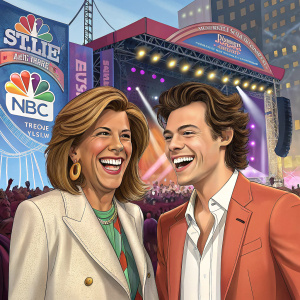 Hoda Kotb and Harry Styles, both Caucasians, in an energetic promotional event. Vibrant stage setup with sponsors' banners. They are beaming with smiles.