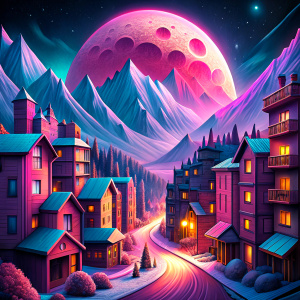 point of view angle, pink golden and silver moonlight, small mountain city, main road, apartment buildings, small shops