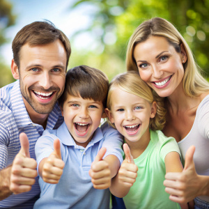 семья, мать, отец, двае детей, улыбаются, счастливые, показывают большой палец вверх отлично 