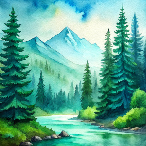 Vintage Watercolor, Pacific Blue Mountains, Green Big Pine Trees, River. White Sky, White Background