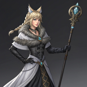 Digital art of Y'shtola Rhul from Final Fantasy XIV. Caucasian appearance, blonde hair. Gothic outfit with fur-trimmed bodice and long skirt. Holding mystical staff. Confident pose. Against a plain, dark grey backdrop.
