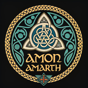 The band Amon Amarth's logo showcases a detailed design with Celtic knots in gold and teal. The logo features symmetrical patterns symbolizing balance. The band's name, Amon Amarth, is written in a unique font against a stark black background.