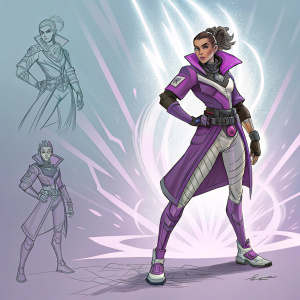Concept art progression of Overwatch character Sombra. From initial sketch to vibrant final illustration. She is depicted in an assertive stance, surrounded by a radiant glow. Background features a dynamic burst of light.