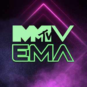 Modern, edgy MTV EMA logo design. Purple and black gradient background. Green logo contrasting prominently