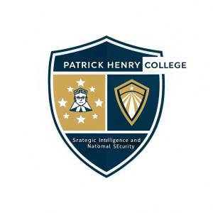 Logo design for Patrick Henry College. Shield-shaped emblem with 'Patrick Henry College' text. Gold and dark colors. Strategic Intelligence and National Security text. Modern and professional style.