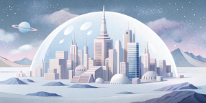 White illustration, rene magritte style, street of surreal collage of many futuristic buildings and a lot of  briges and a lot of trees, big  ocean, galaxy sky, soft lines, grainy paper