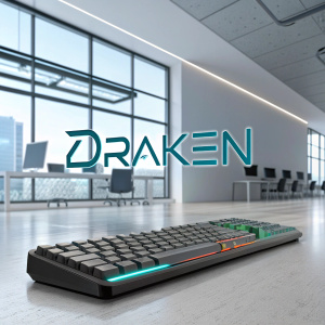 Modern, sleek logo design for Draken. Brand name, abstract keyboard, unique lighting effect. High-tech office background.