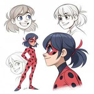 Sketches of Ladybug character from Miraculous Ladybug. Different facial expressions, hairstyles, angles, and views.