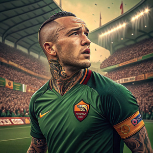 Radja Nainggolan, soccer player, intense focus. He sports tattoos on neck and upper body, green jersey with sponsor logos. Large soccer stadium with enthusiastic crowd in the background.