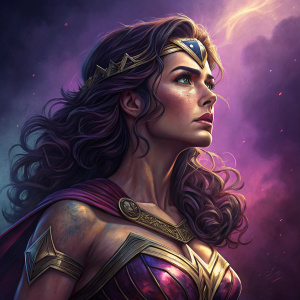 Digital art of Wonder Woman. Intense expression, intricate hair details, dramatic style. Background is a deep purple gradient.