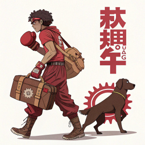 Promotional poster for Megalo Box. Character Junk Dog with gear-like bag. Red and brown color scheme on plain white background.