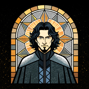 A medieval stained glass window in which we can see a medieval man. Priest. Dark long hair. Cape. Thin goatee. Looks like a mix between Timothée Chalamet, Zachary Quinto, Adam Driver, Wes Bentley, Mads Mikkelsen and Mark Pellegrino