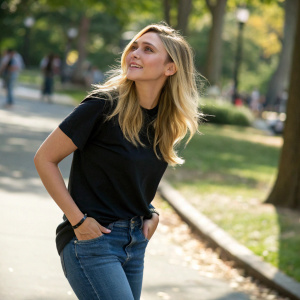 Elizabeth Olsen, blonde actress, wearing a casual black t-shirt, casual jeans, outdoors in a park, natural lighting, candid shot.