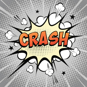 A distressed speech bubble with jagged edges. Inside, the word 'CRASH' is written in bold, comic book style font against a halftone gray and white background.