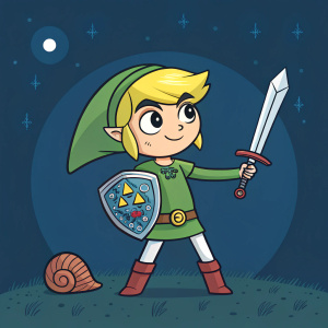 Digital artwork of Toon Link, standing confidently, against a dark blue backdrop. Cartoonish design with bold outlines and a limited color scheme. Toon Link wears a green tunic, blue hat, and red boots. He holds a small sword and a conch shell.