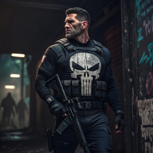 Frank Castle, also known as The Punisher, stands fierce and resolute. Wearing a black tactical vest with the skull emblem, holding a modified AR-15. Dark alley background with graffiti.
