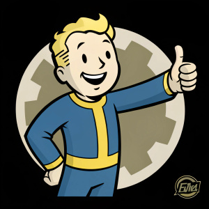 Illustration of Vault Boy from Fallout series. Cheerful pose with thumbs up gesture, bright outfit, smiling face. Black background with circular logo shape. Bold, flat design style. Logo at bottom for Fallout 4.