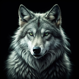 crear una imagen de un  lobo DE LADO imponente en blanco y negro y fondo negro HIPEREALISTA
