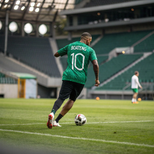 Kevin-Prince Boateng, clad in a vibrant green jersey with 'Boateng 10' printed on the back, is seen in a high-energy training session. The pitch is empty, with blurred camera angles emphasizing his dynamic motion.