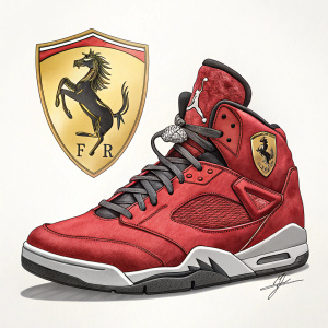Fire-engine red Nike Air Jordan sneaker with a golden Ferrari logo. Set against a plain white background, the shoe features a sleek design with black and grey accents.