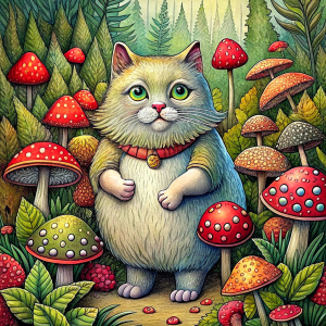 cartoon fat cat collecting fly agarics, black line drawing. white background