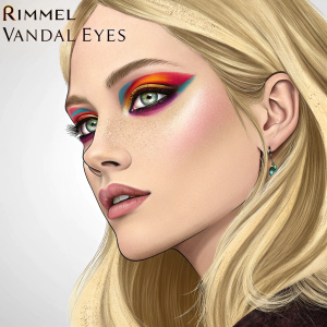A model showcasing Rimmel's 'Vandal Eyes' makeup line. Blonde hair, vibrant eye makeup
