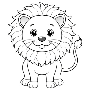 cute lion, coloring book page, simple and clean line art, chilren drawing book, black and white, crisp black lines, sharp lines, simple coloring page for kids, cartoon style