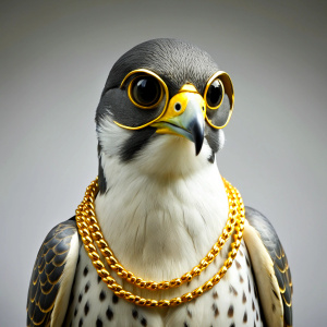 Peregrine falcon with retro glasses and gold necklace