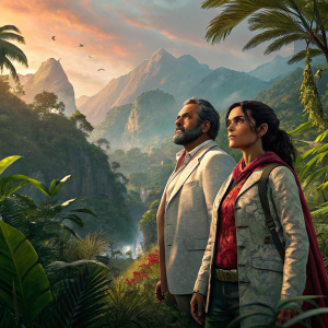 Digital illustration featuring Far Cry 6. Vast jungle setting, vibrant colors, intricate details, characters Alejandro and Yara Guerra. Background showcases rugged mountains and dense forests.