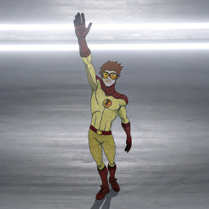 Kid Flash, Wally West, dynamic pose with raised hand. Muscular build, short tousled brown hair, determined expression. Bright yellow outfit with lightning bolt emblem on chest, red accents. Yellow goggles with reflective surface.