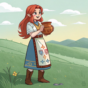 Malon from The Legend of Zelda: Ocarina of Time, depicted in a detailed pixel art style. Long red hair, cheerful expression, holding a pot. Wearing a light blouse, skirt adorned with symbols, belt, and brown boots. Background is a serene green field with distant hills.