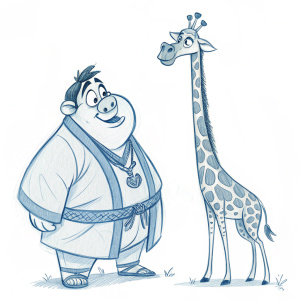 Concept art from the animated film 'The Emperor's New Groove'. Featuring a hefty, cartoonish character and a giraffe, drawn in a loose, sketchy style. The design is simple yet expressive.