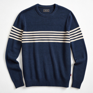 Stylish photo of a cozy navy blue men's sweater with horizontal white stripes. The sweater features a classic crew neck design and long sleeves. Perfect for casual wear.