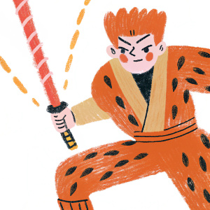 A detailed colored pencil drawing of Kuwabara from Yu Yu Hakusho. Anime-style, vibrant colors. Kuwabara depicted in a fierce fighting stance.