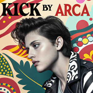 Album cover for 'KICK BY ARCA'. Colorful and vibrant design with a mix of black, white, and bright hues.